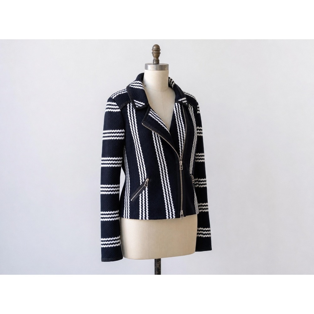 Veronica Beard Navy White Striped Cotton Moto Jacket PS17-TSK1247 Small